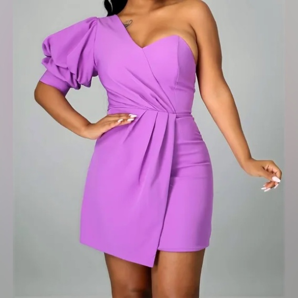 One Shoulder Puff Sleeve Mini Dress Purple